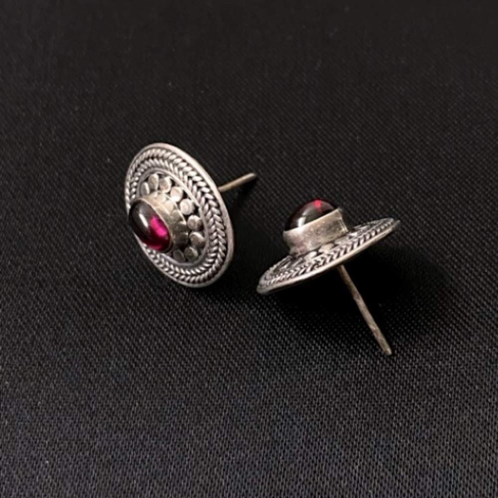 Vintage Sterling Silver Garnet Button Earrings